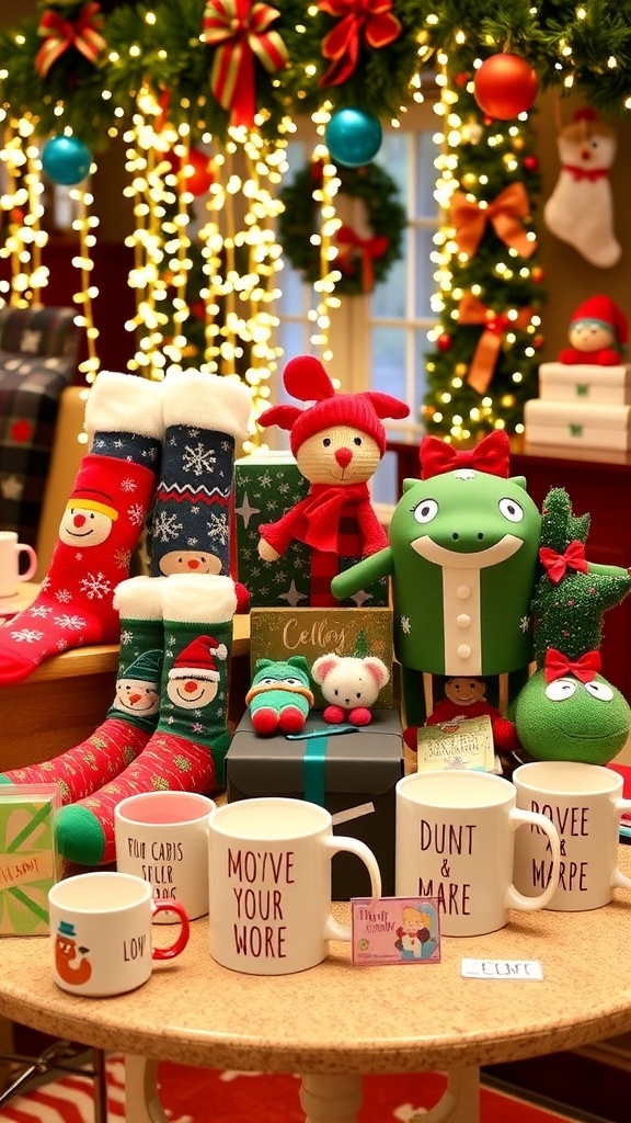 A collection of unique Christmas gifts including novelty socks, quirky mugs, and personalized items on a festive table.